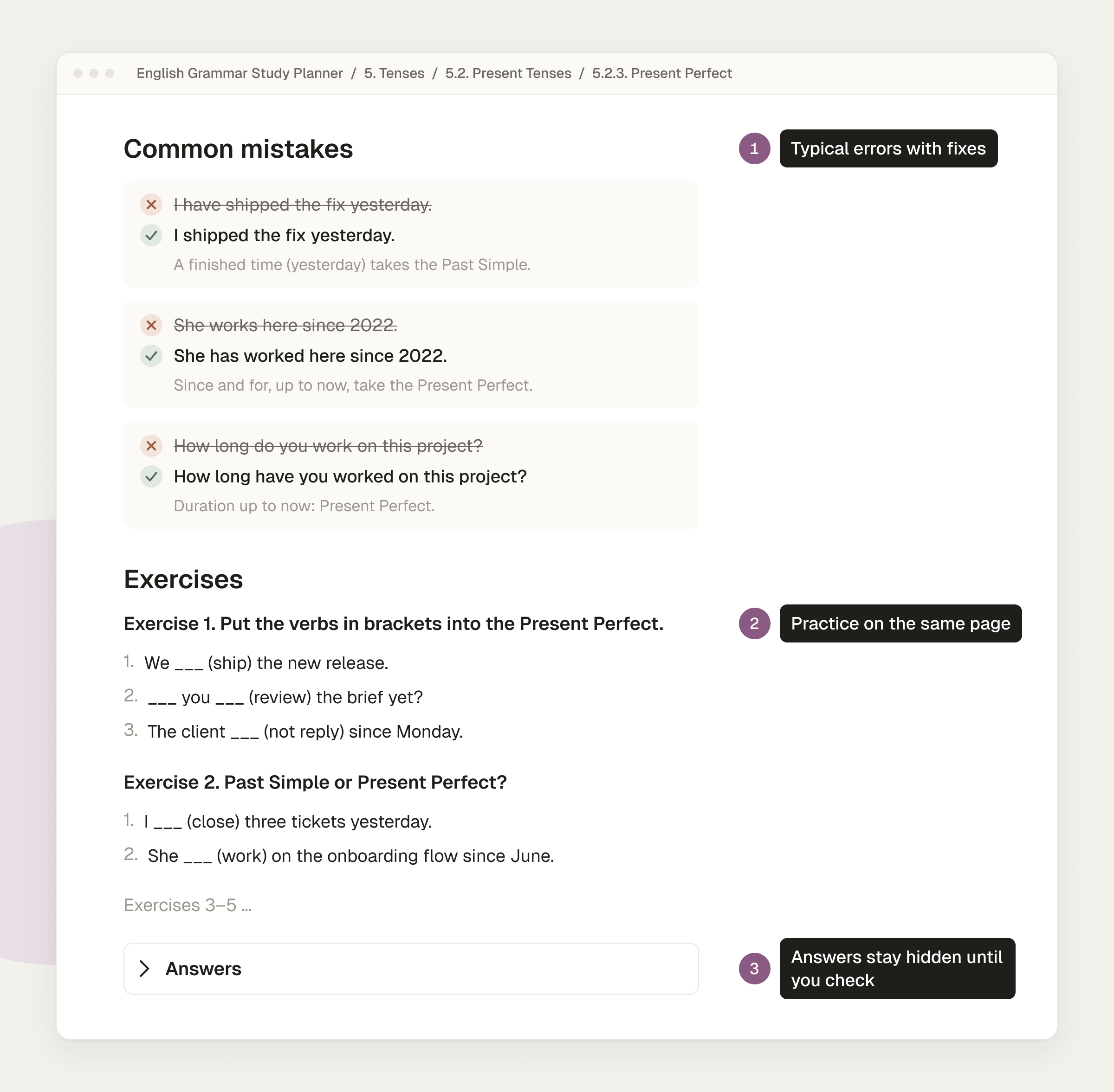 Notion page for the Present Perfect with common mistakes, five exercises and a collapsed answers toggle