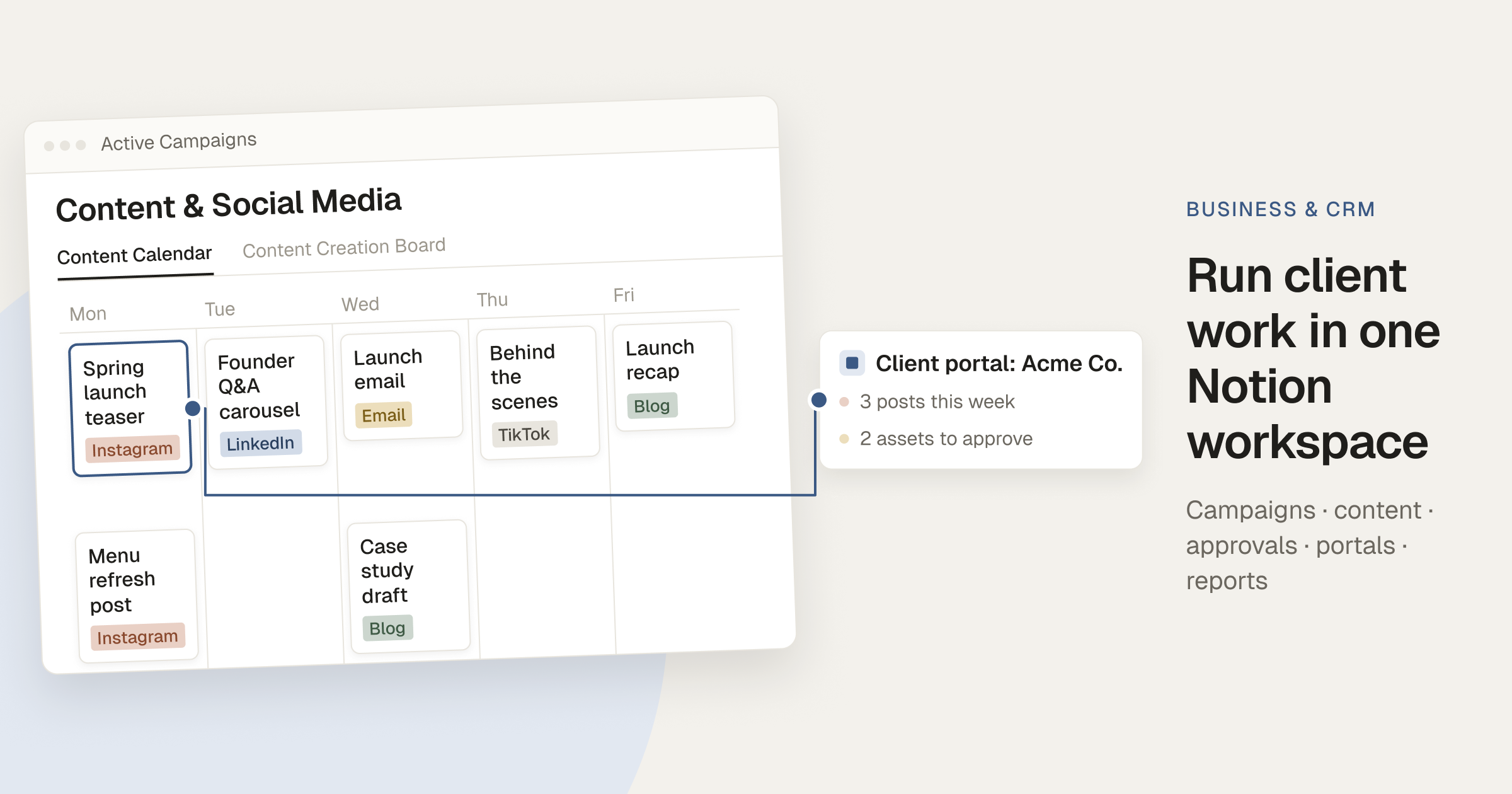 Notion content calendar connected to a client portal, illustrating agency client work in Notion