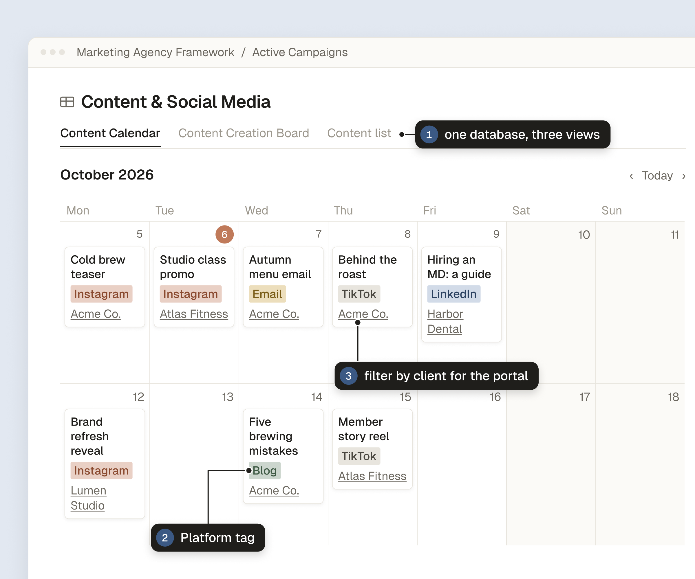 Content calendar view in the Marketing Agency Framework Notion template showing posts by publish date