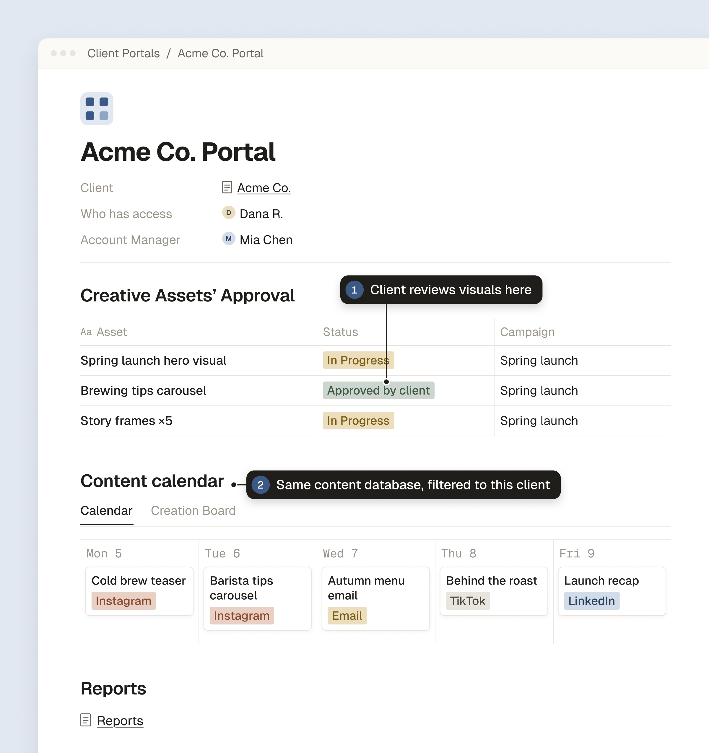 Client portal page template in Notion with Creative Assets Approval, Content calendar and Reports sections