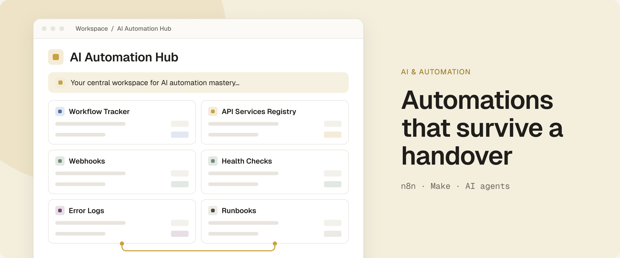 AI Automation Hub Notion page with linked databases for workflows, APIs, webhooks, health checks, error logs and runbooks