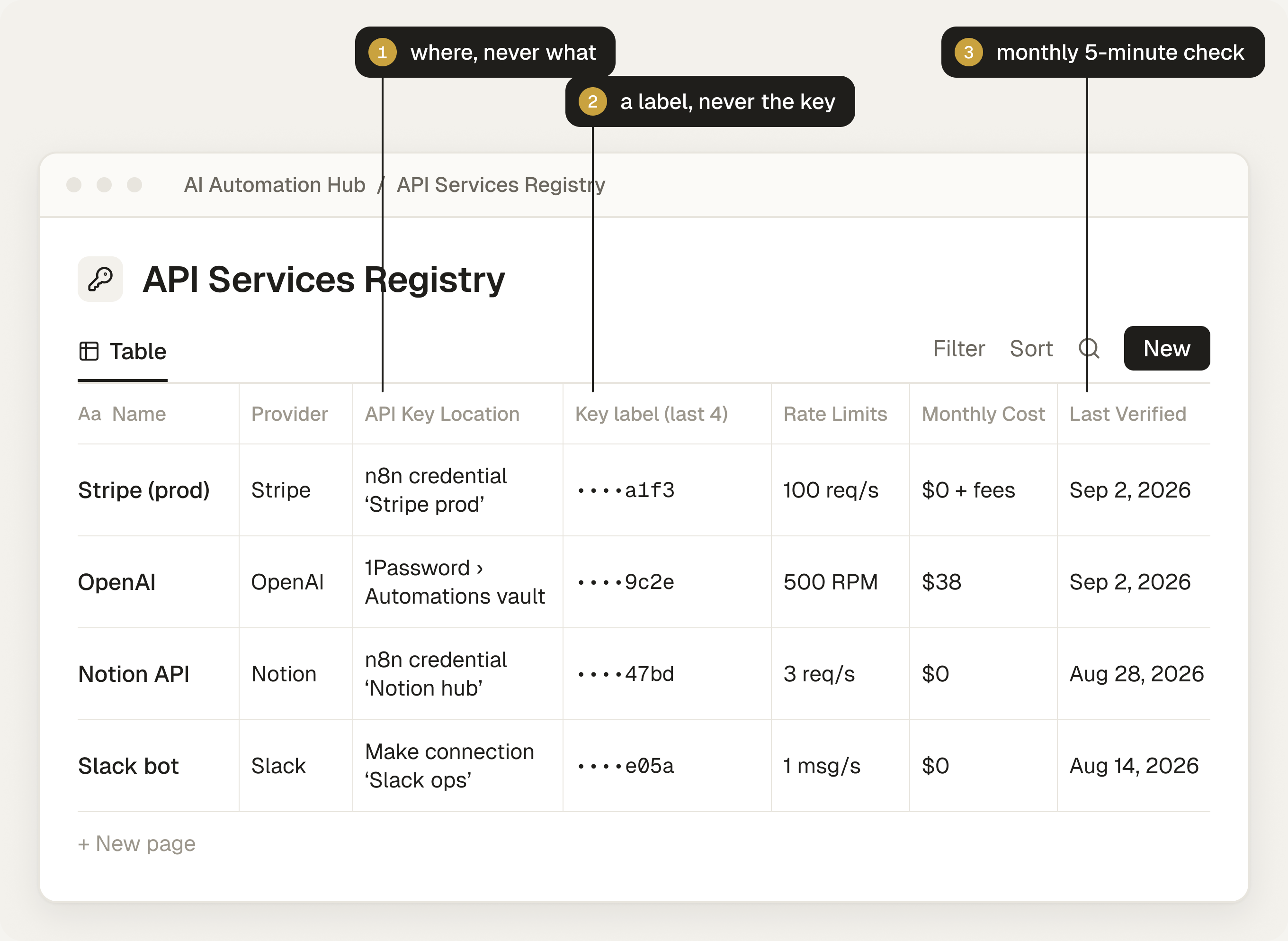 API registry in Notion showing provider, key location, rate limits and monthly cost columns