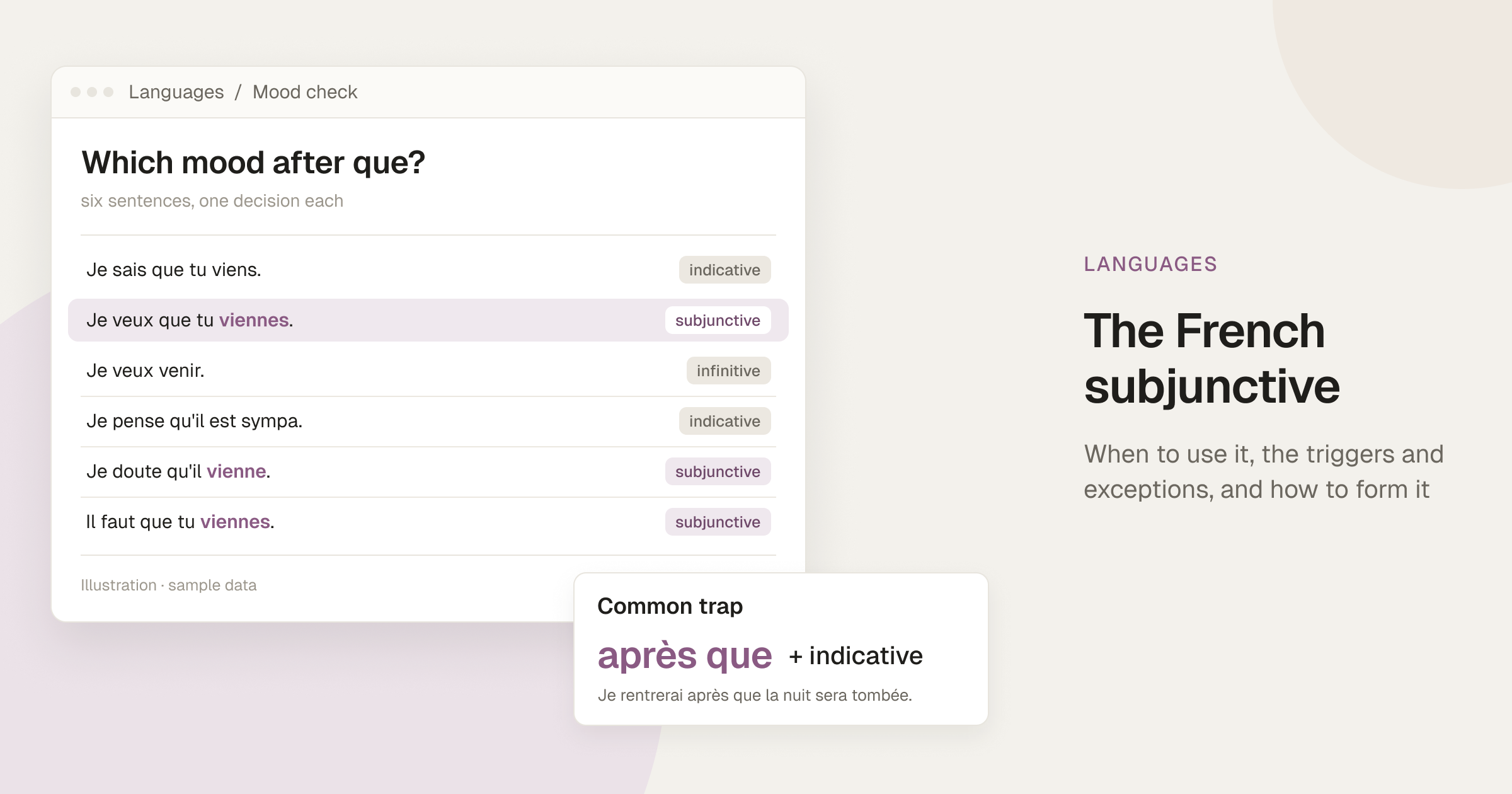 Cover illustration: a mood check of six French sentences tagged indicative, subjunctive or infinitive, with Je veux que tu viennes highlighted as subjunctive, next to a card on a common trap: après que takes the indicative, as in Je rentrerai après que la nuit sera tombée.