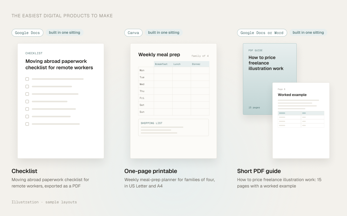Three easy first products, each built in one sitting: a moving-abroad paperwork checklist made in Google Docs, a one-page weekly meal-prep printable made in Canva, and the cover and a worked-example page of a 15-page PDF guide on pricing freelance illustration work.
