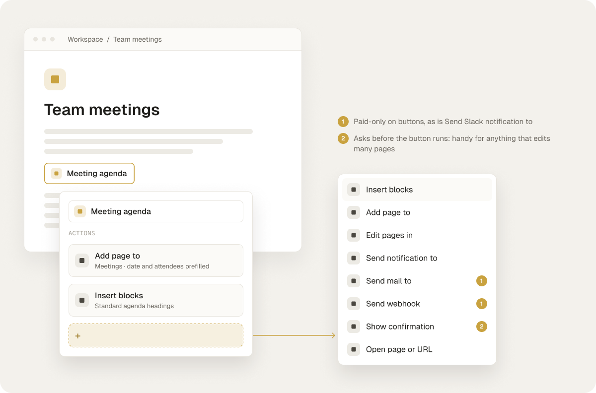 A button's settings with the action menu open.