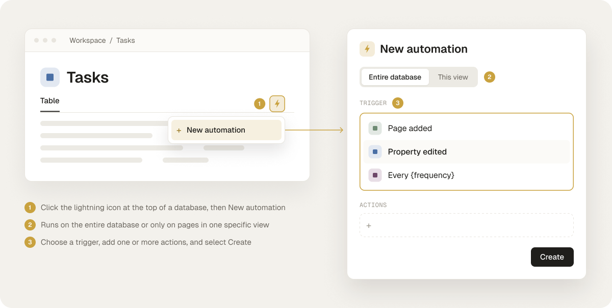 New automation: pick a trigger and choose the entire database or one view.