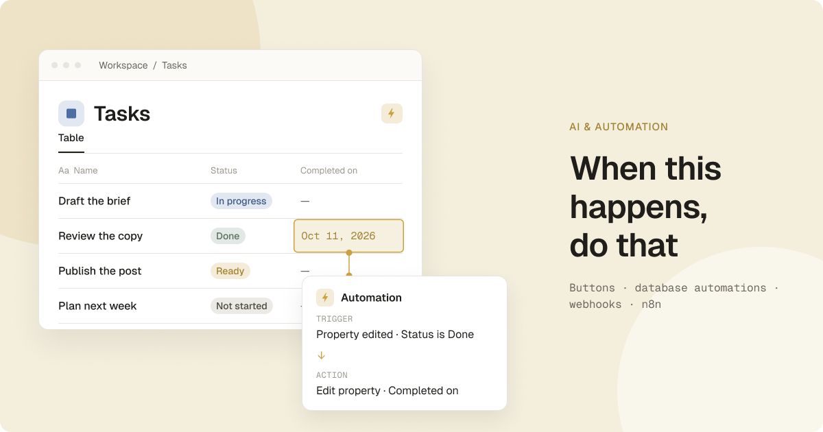 A Notion Tasks database where setting Status to Done triggers an automation that fills in the Completed on date
