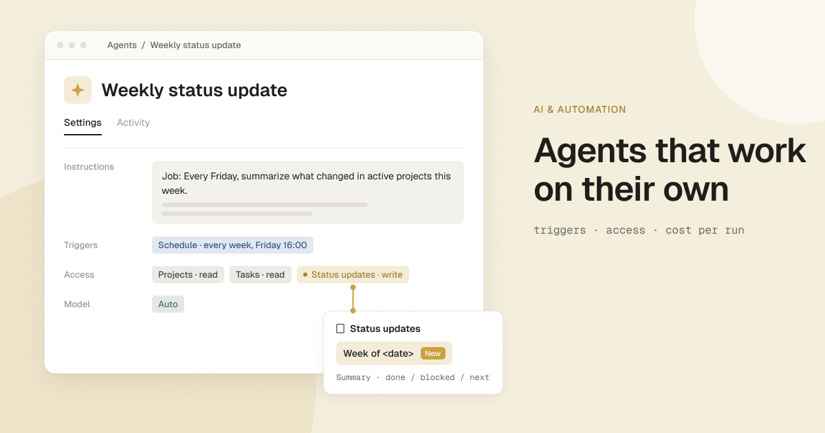 Settings of a sample Notion Custom Agent, Weekly status update: a weekly schedule trigger, read access to Projects and Tasks and write access to Status updates