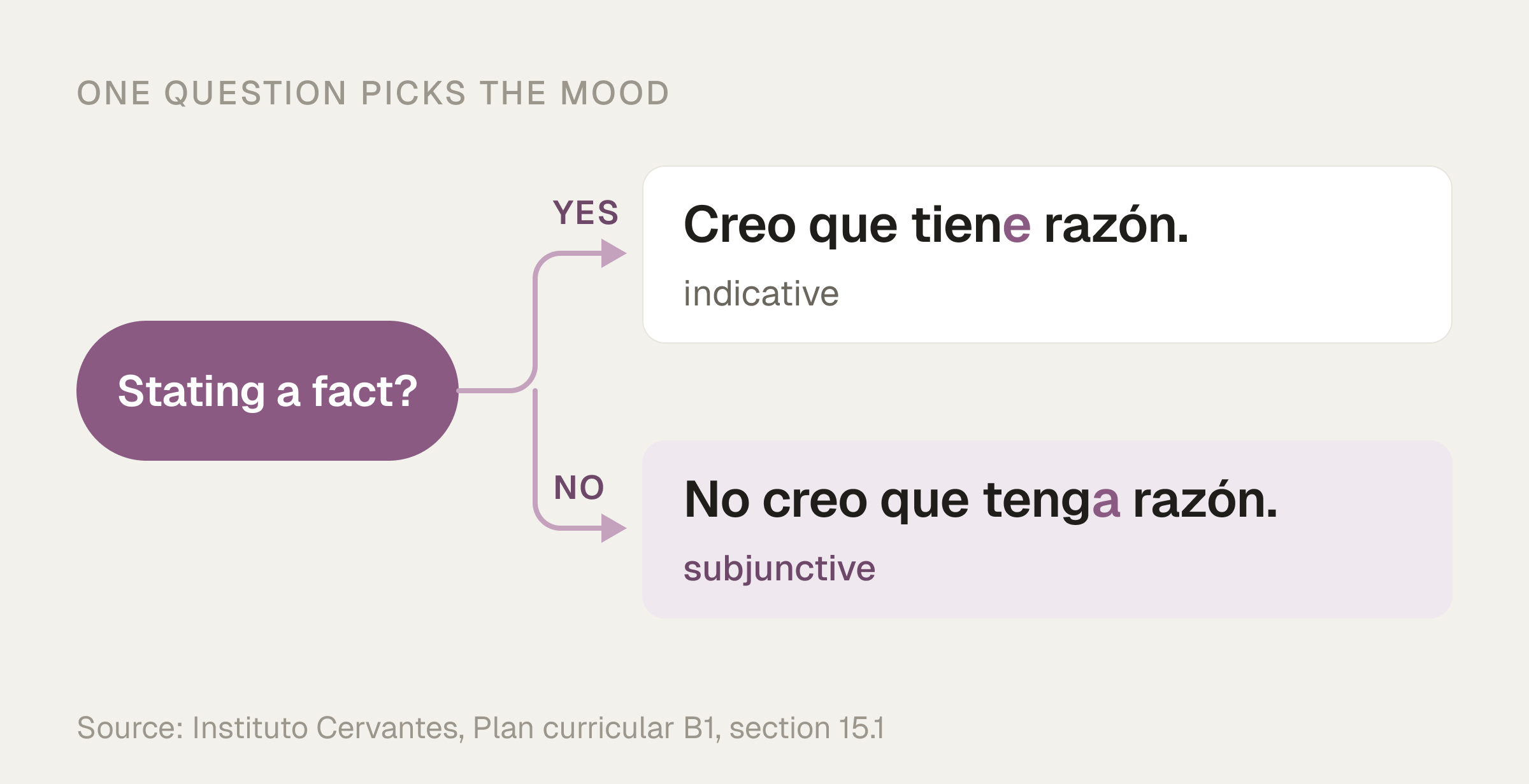 A switch asking Stating a fact?: yes leads to Creo que tiene razón in the indicative, no leads to No creo que tenga razón in the subjunctive, with the verb endings -e and -a highlighted.