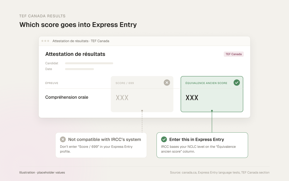 Simplified TEF Canada results sheet for one skill with placeholder values: the Équivalence ancien score column is checked as the one to enter in Express Entry, and the Score / 699 column is greyed out as not compatible with IRCC's system.