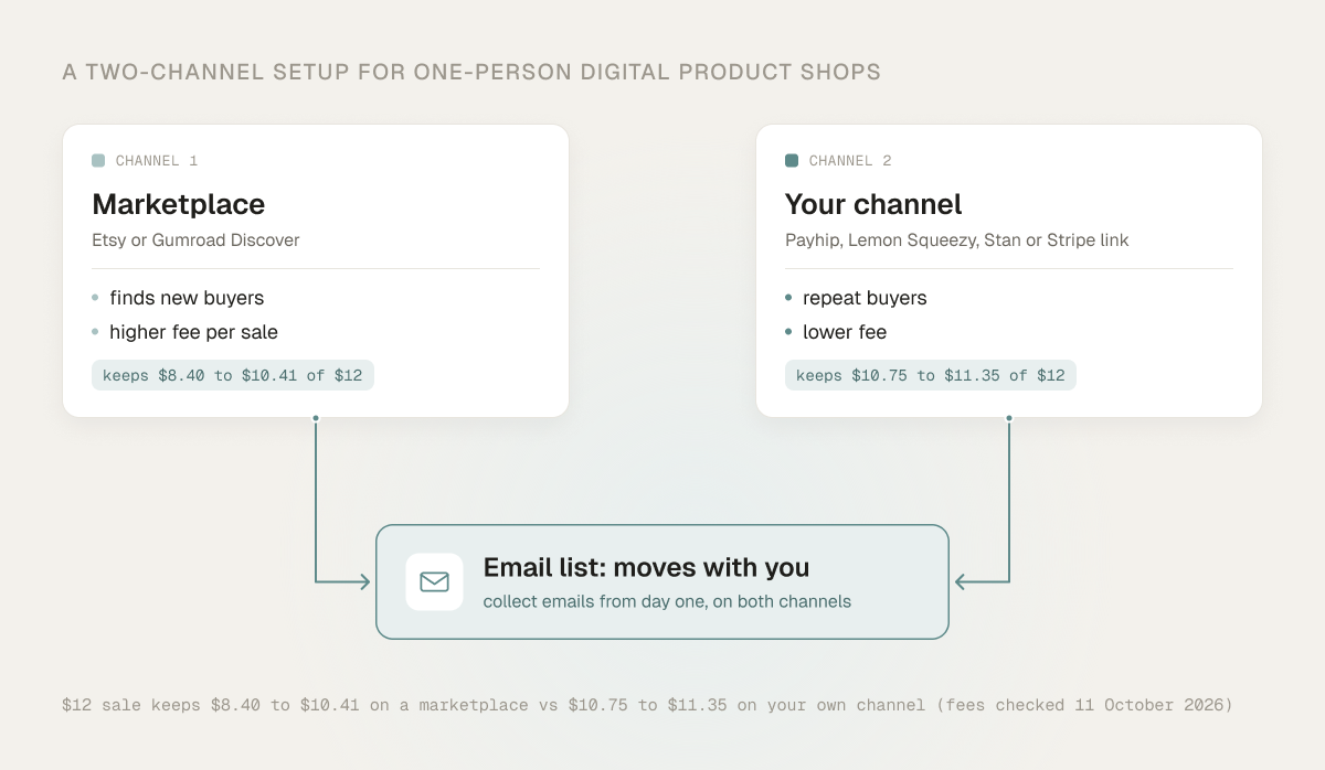 Two-channel setup for a one-person shop: a marketplace such as Etsy or Gumroad Discover finds new buyers and keeps $8.40 to $10.41 of a $12 sale, your own channel such as Payhip, Lemon Squeezy, Stan or a Stripe link keeps $10.75 to $11.35, and both feed one email list that moves with you.